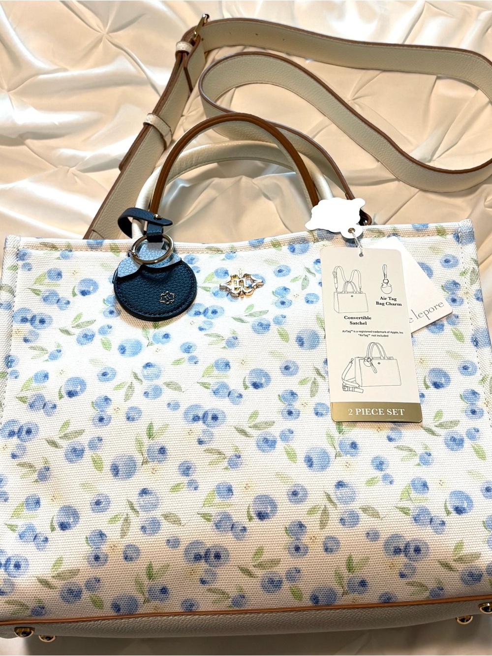 Nanette Lepore Elle Satchel Blueberry Blooms Gingham Tote & Airtag Holder NWT